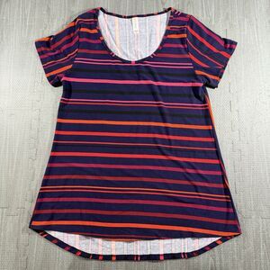 LULAROE Classic Tee NAVY Blue W/Hot Pink, Orange, Blk & Mustard Stripes Med
